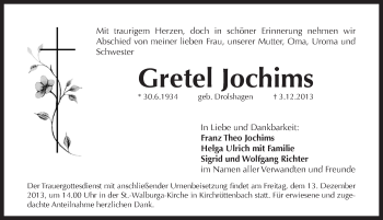 Traueranzeige von Gretel Jochims von Pegnitz-Zeitung